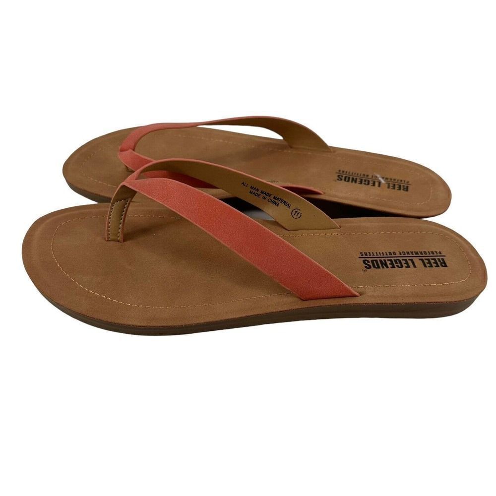 Reel Legends Thong Flip Flops Womens Size 11 Coral Orange Faux Leather Casual